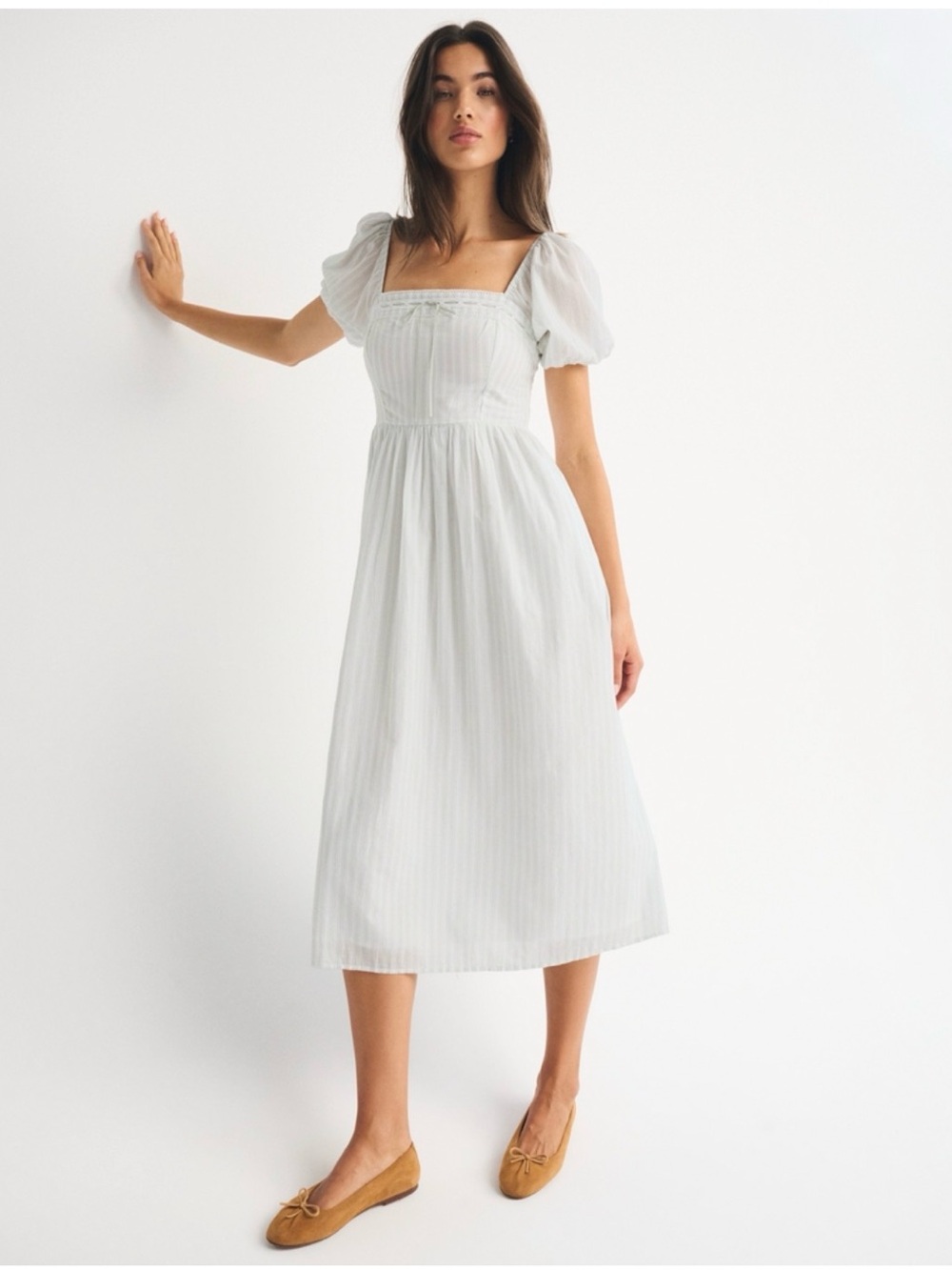 Abercrombie Green Stripe Emerson Puff Sleeve Midi Dress
